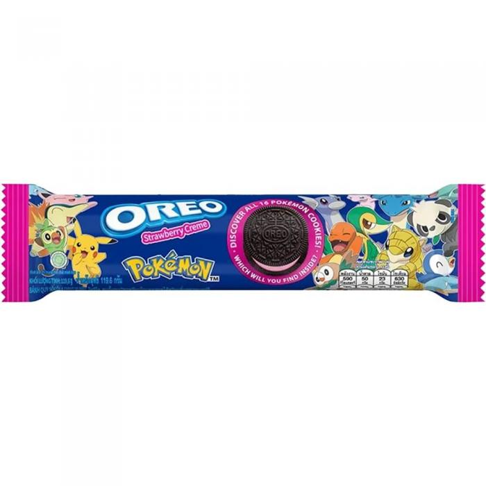 Front of Oreo Pokemon Strawberry Crème pack featuring colourful Pokemon characters, Oreo logo, and strawberry crème label (119.6g pack)