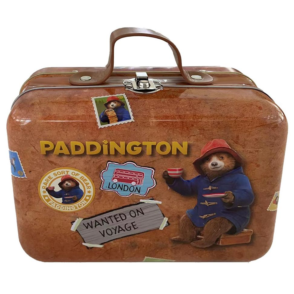 Front of Paddington Bear Shortbread & Teabags Suitcase Tin showing colourful artwork featuring Paddington, with the product name and 275g size displayed.