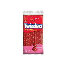 Front of Twizzler Pull and Peel Cherry pack showing red logo, cherry flavour label, and image of pull and peel candy strands (172g pack)