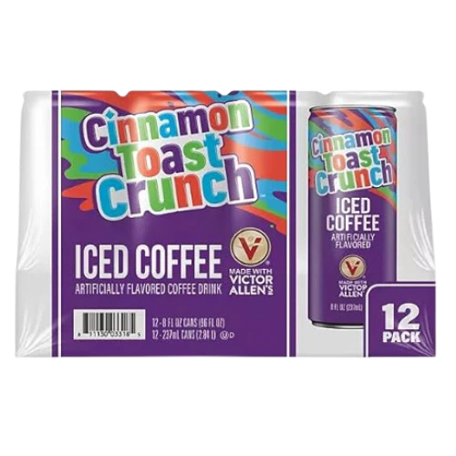 Front of Cinnamon Toast Crunch Iced Coffee case showing colourful design, iced coffee label, and 12 pack of 237ml cans