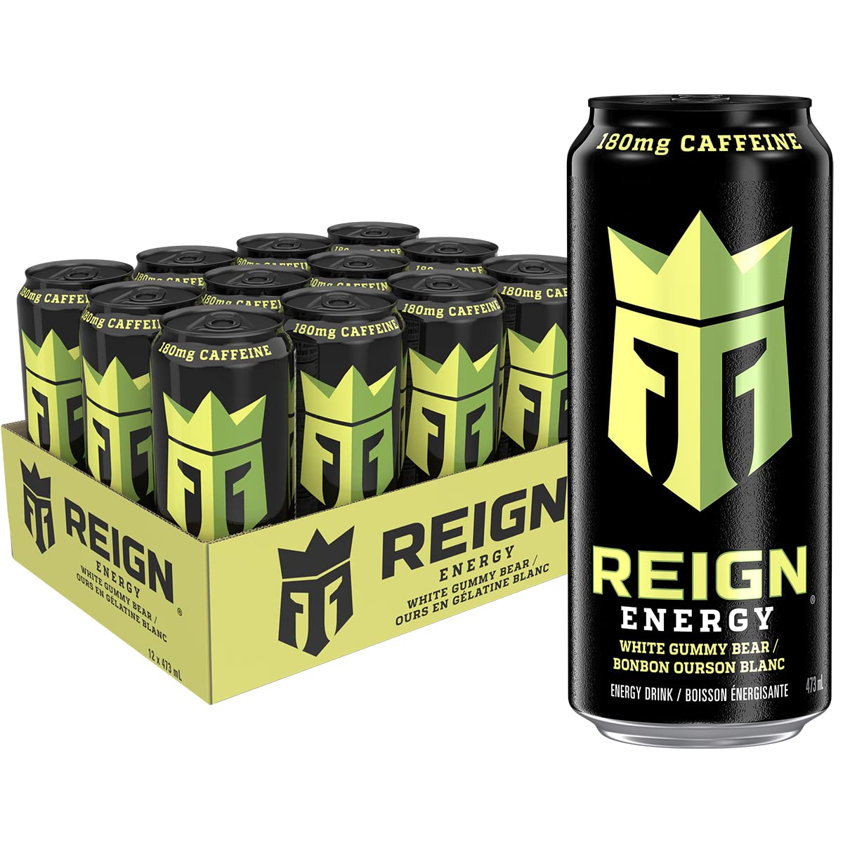Front of Reign Gummy Bear energy drink with logo, featuring white gummy bear flavour, and a case of 12 cans (473ml each)