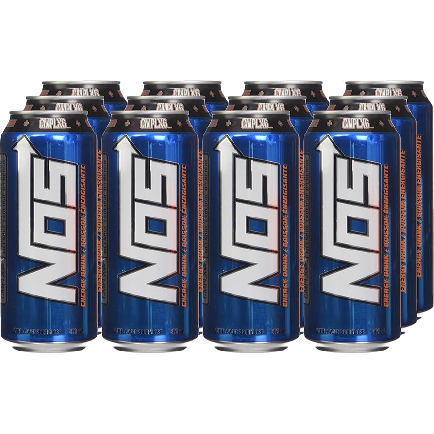 Front of NOS Original Energy Drink cans showing bold logo, energising graphics, and pack of 12 (473ml each)