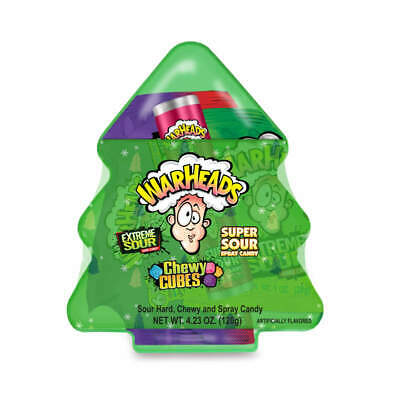 Front of Warheads Christmas Tree Scrambler package displaying a green Christmas tree shape, featuring the Warheads logo and a variety of sour candy pieces (109g pack)