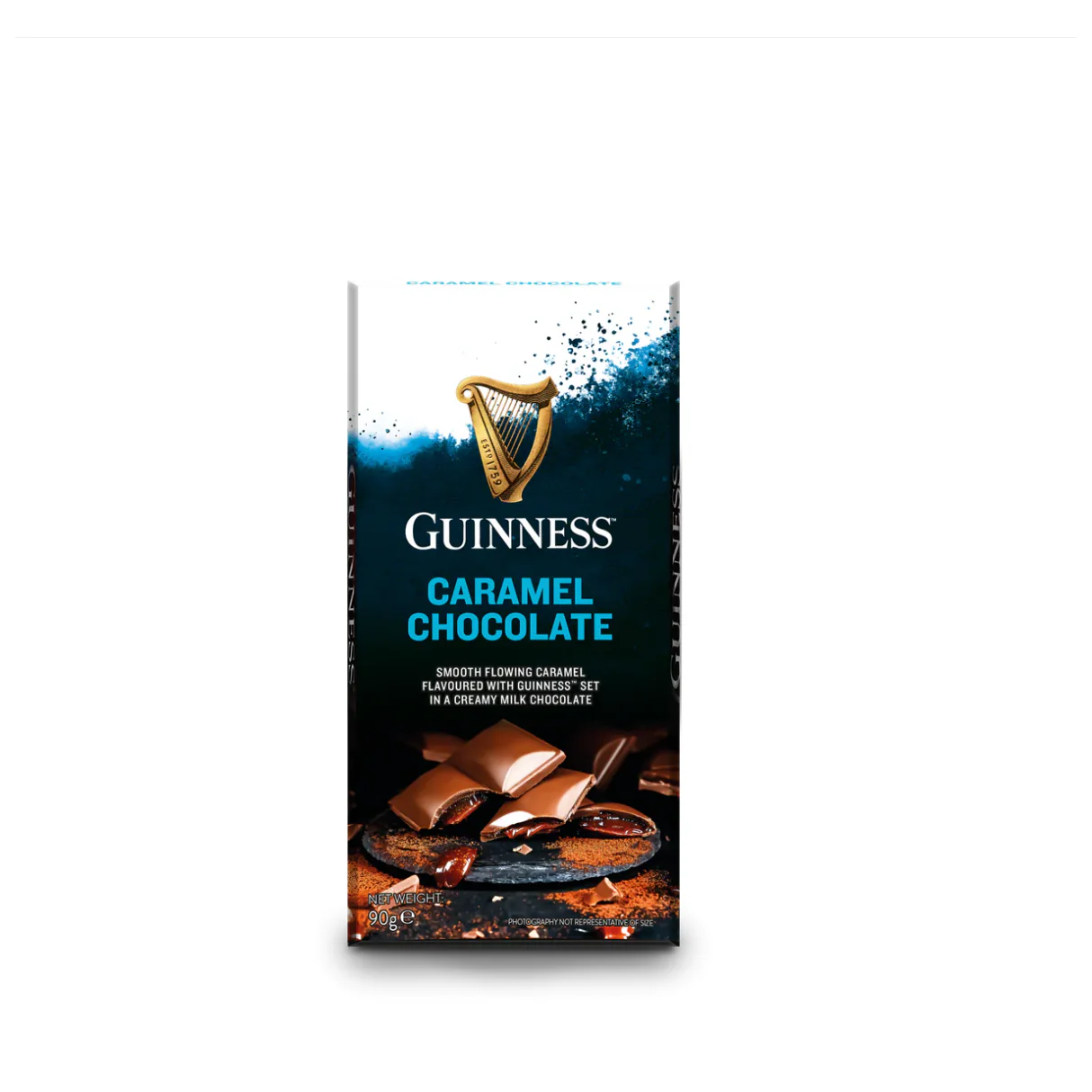 Front of Guinness Caramel Bar showing a rich, creamy black and gold design with the Guinness logo, caramel chocolate description, and 90g pack size.
