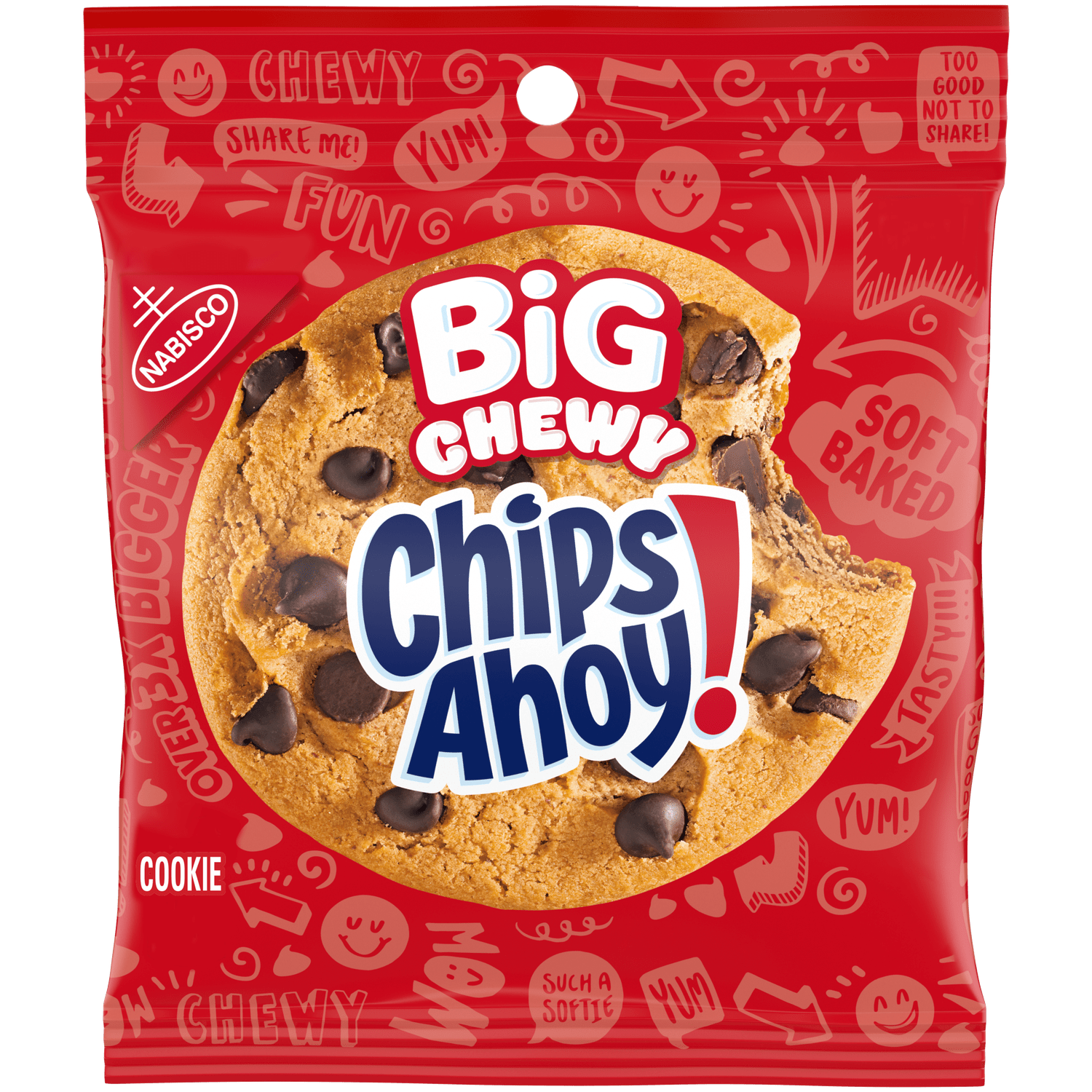 Front of Chips Ahoy Big Chewy Cookie bag showing the logo, soft-baked cookie image, and details of 71g pack