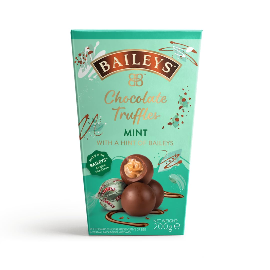Front of Bailey's Mint Truffles box featuring mint-flavoured chocolate truffles and details, 200g pack.