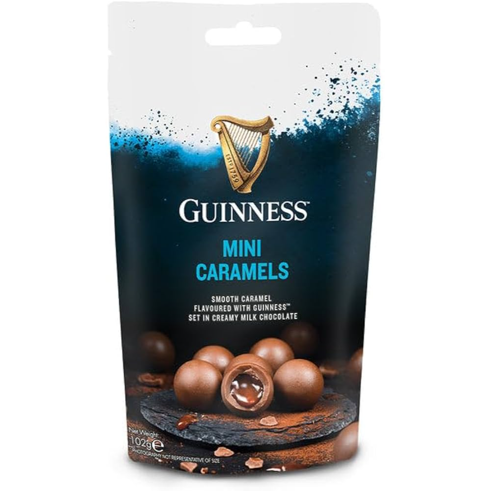Front of Guinness Mini Caramels pack featuring smooth caramel and milk chocolate, with the Guinness logo and 102g weight displayed.