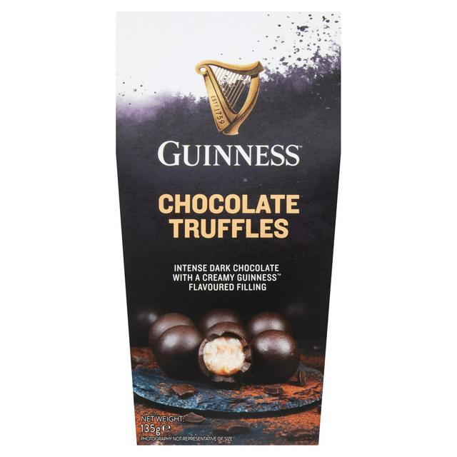 Front of Guinness Truffles package showing the logo, intense dark chocolate label, and creamy Guinness flavoured truffles (135g pack)