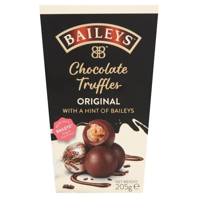 Front of Bailey's Original Truffles package showing logo, chocolate truffles with a hint of Bailey's, and 205g weight label.