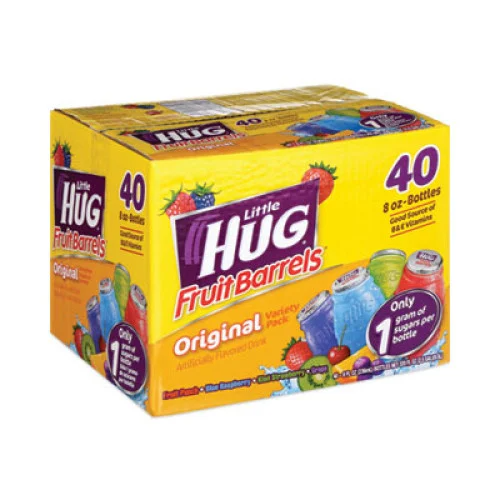 Front of Little Hug Variety Pack showing colourful packaging with the logo and various fruity drink images (226ml x40 pack)