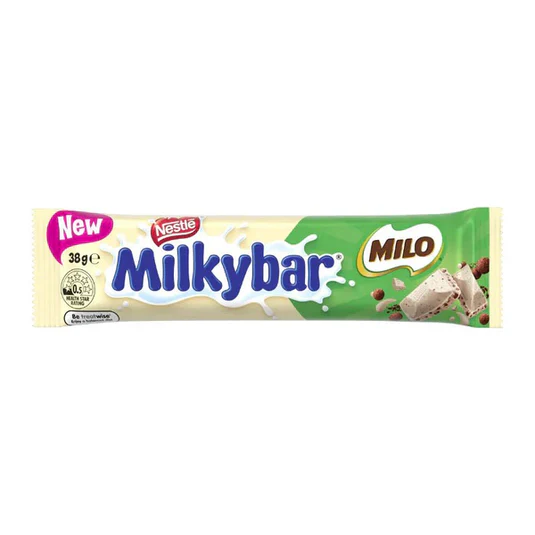 Front of Nestle Milky Bar Milo wrapper showing the logo, Milo flavour details, and pack size (38g)