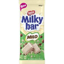 Front of Nestle Milky Bar Milo pack showing creamy chocolate and malt flavour with logo on a 160g bar.