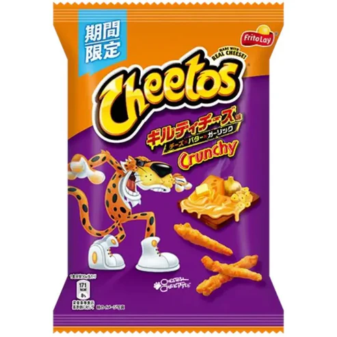Front of Cheetos Crunchy Garlic Butter and Cheese (Japan) bag showing vibrant colours, the Cheetos logo, and a visual of cheesy, crunchy snacks (65g pack)