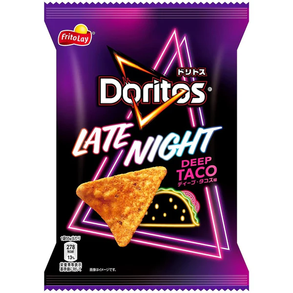 Front of Doritos Late Night Deep Taco bag showing the logo, taco flavour label, and a triangular chip (55g pack)