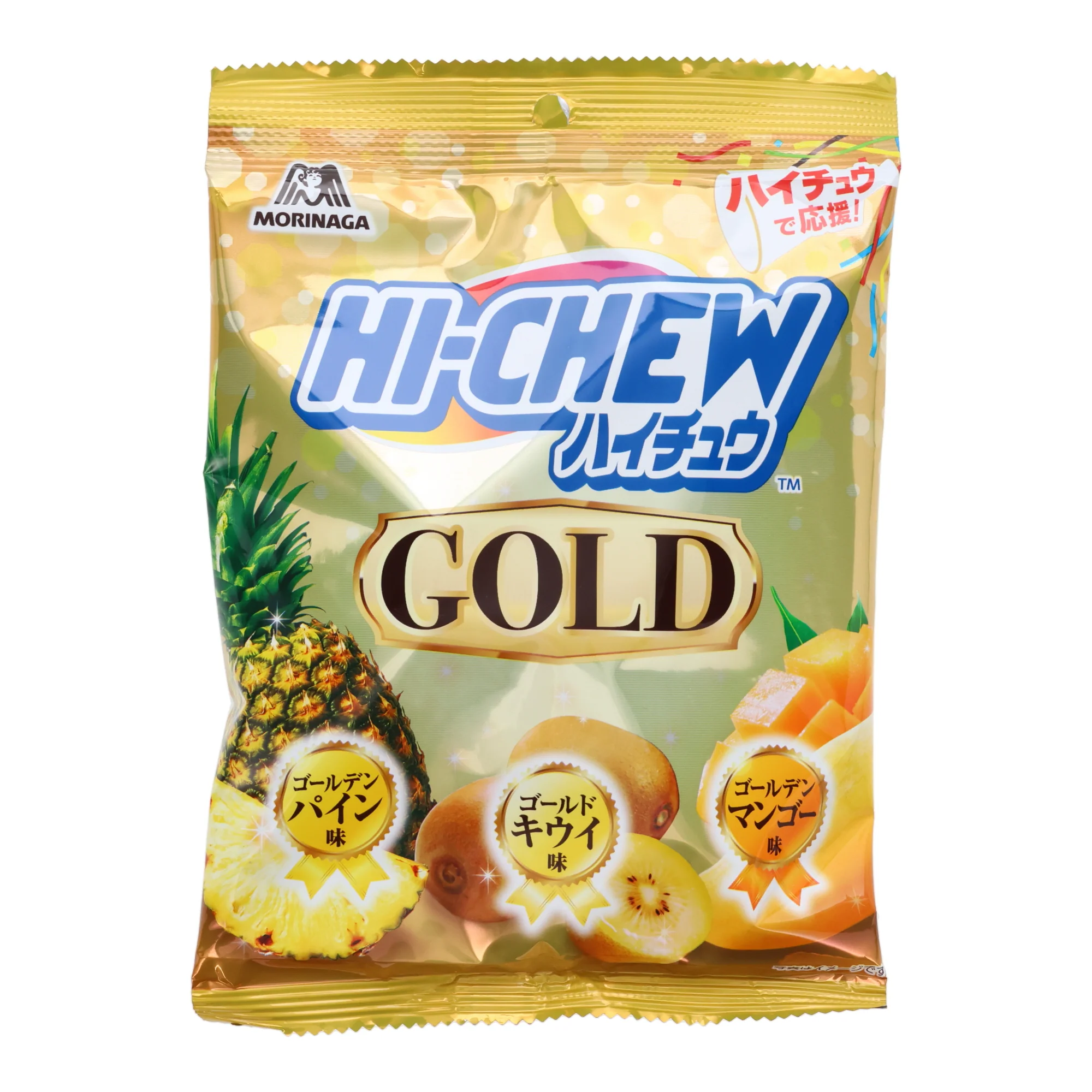 Front of Hi-Chew Gold (68g) package showing the brand logo and illustrated fruit flavours: pineapple, kiwi, and mango.