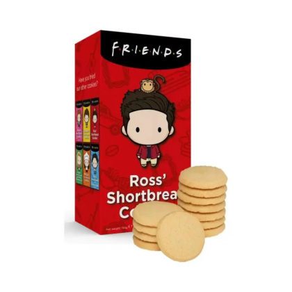 Front of Friends Ross Shortbread Cookies box featuring a cartoon image of Ross with his monkey, colourful branding, and a stack of cookies (150g pack)