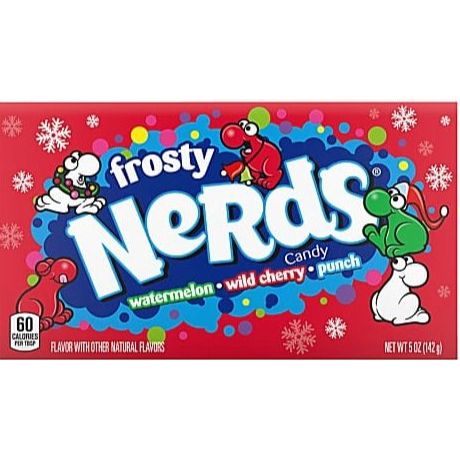 Front of Frosty Nerds Theatre Box showing colourful logo, watermelon, wild cherry, and punch flavour details, and an image of the candy (141g pack)