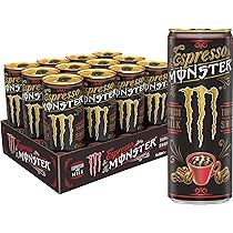 Front of Monster Espresso with Milk Tripleshot case showing 12 cans, logo, and rich espresso coffee imagery (250ml x12)