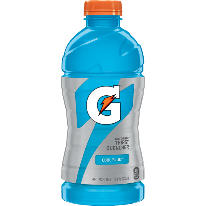 Front of Gatorade Cool Blue bottle featuring the logo, thirst quencher label, and blue sports drink liquid in a 828ml pack