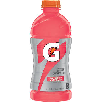 Front of a Gatorade bottle showing the logo and strawberry watermelon label with vibrant pink liquid (828ml)