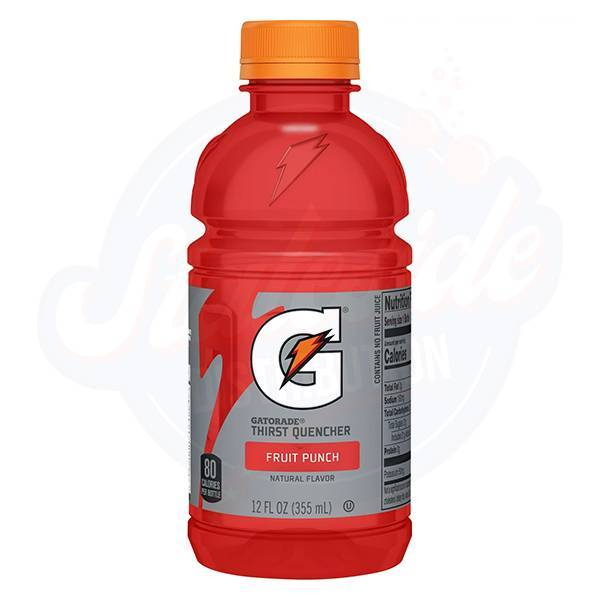 Front of Gatorade Fruit Punch bottle featuring the logo, bold red design, and thirst quenching label (355ml)