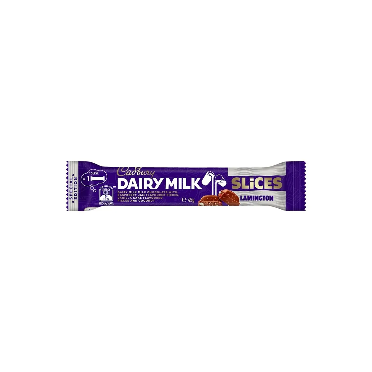 Front of Cadbury Slices Lamington Bars showing the Cadbury logo, lamington flavour and packaging details (45g pack)