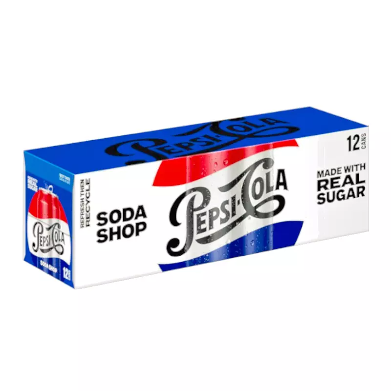 Front of Pepsi Soda Shop case showing logo, flavour name, and pack size (12 cans of 355ml).