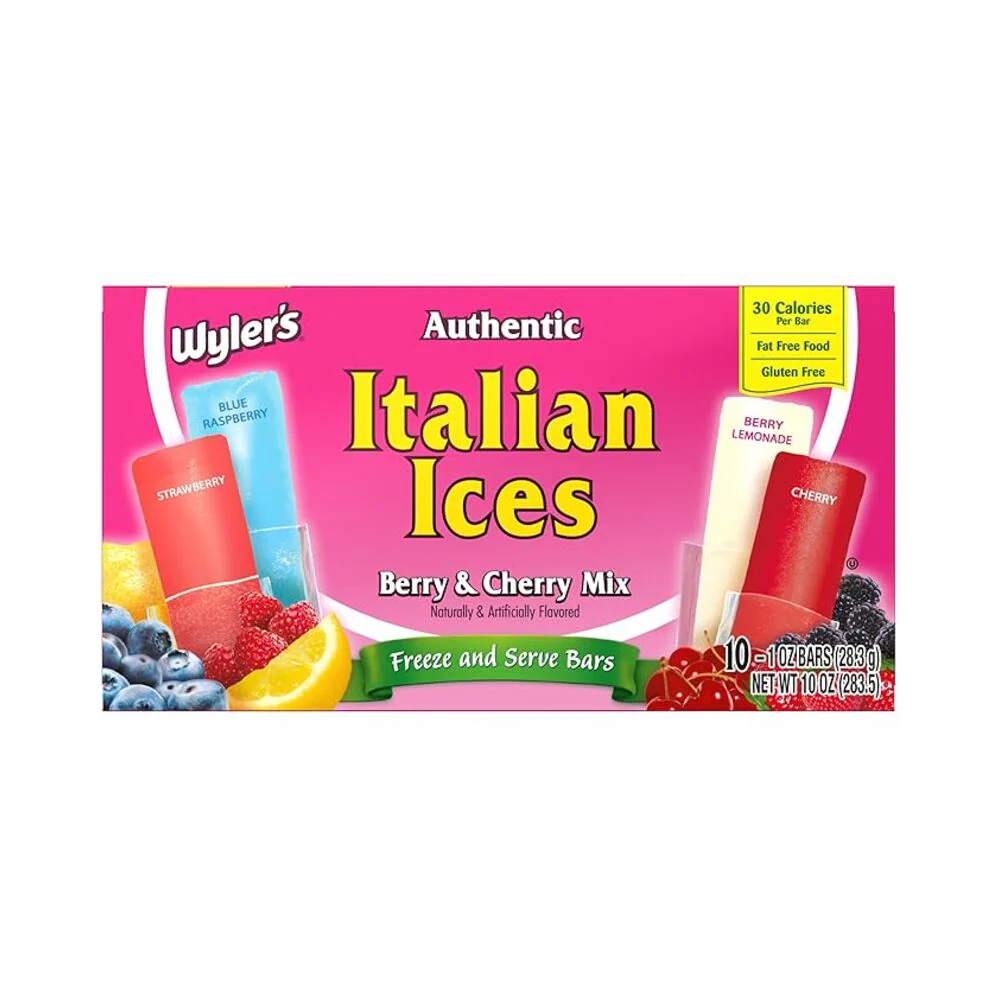 Front of Wyler's Italian Ices Freezer Pops Berry And Cherry pack showing the colourful pops, brand logo, and 10 pack size (283.5g)