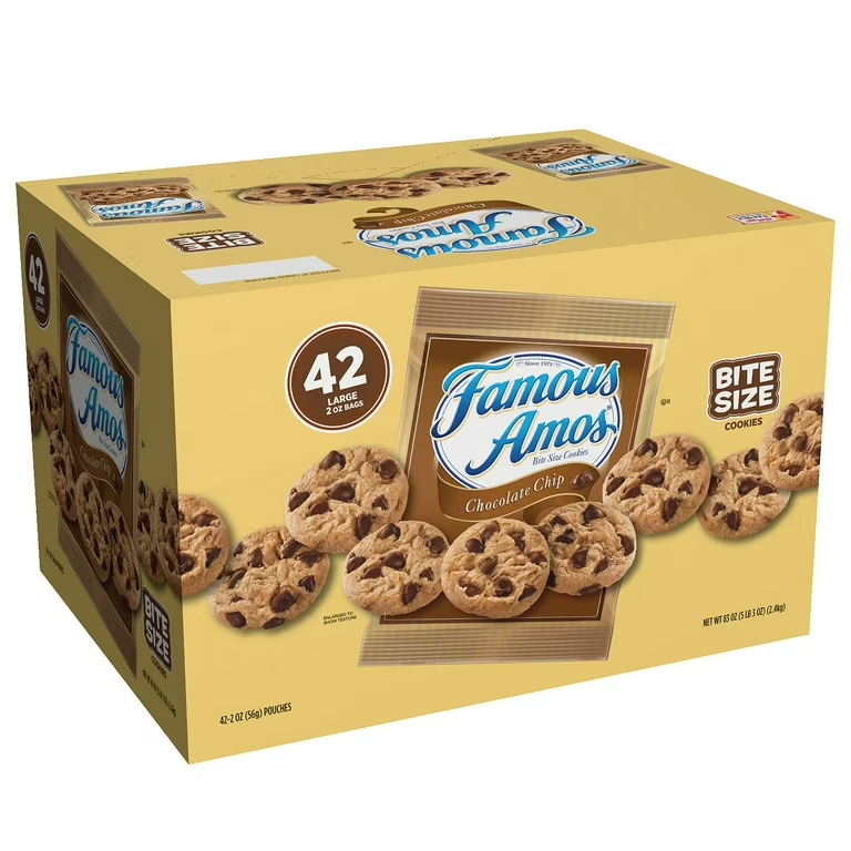 Front of Famous Amos Bite Size Cookies Chocolate Chip box showing logo, bite-size cookie images, and pack size (42 Pack - 2380g)