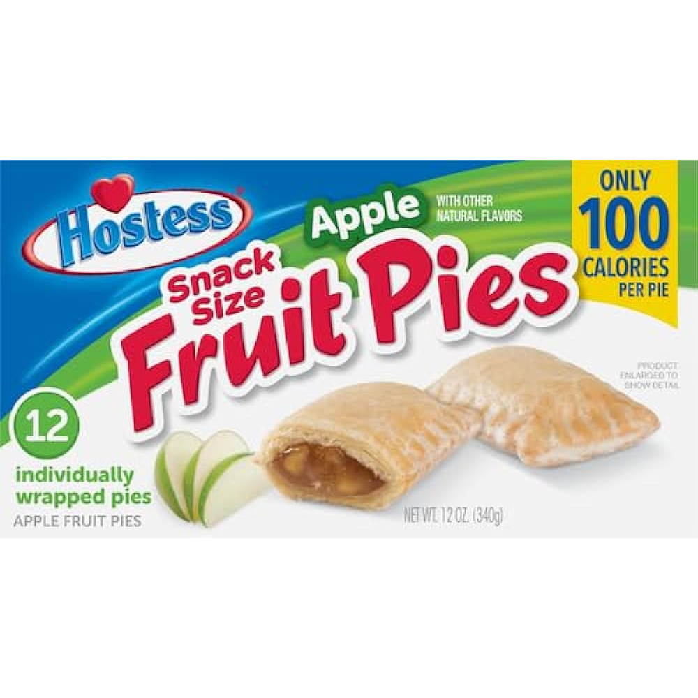Front of Hostess Apple Fruit Pie Snack Size 12 Pack showing logo, apple fruit pie images, and packaging details (340g pack)