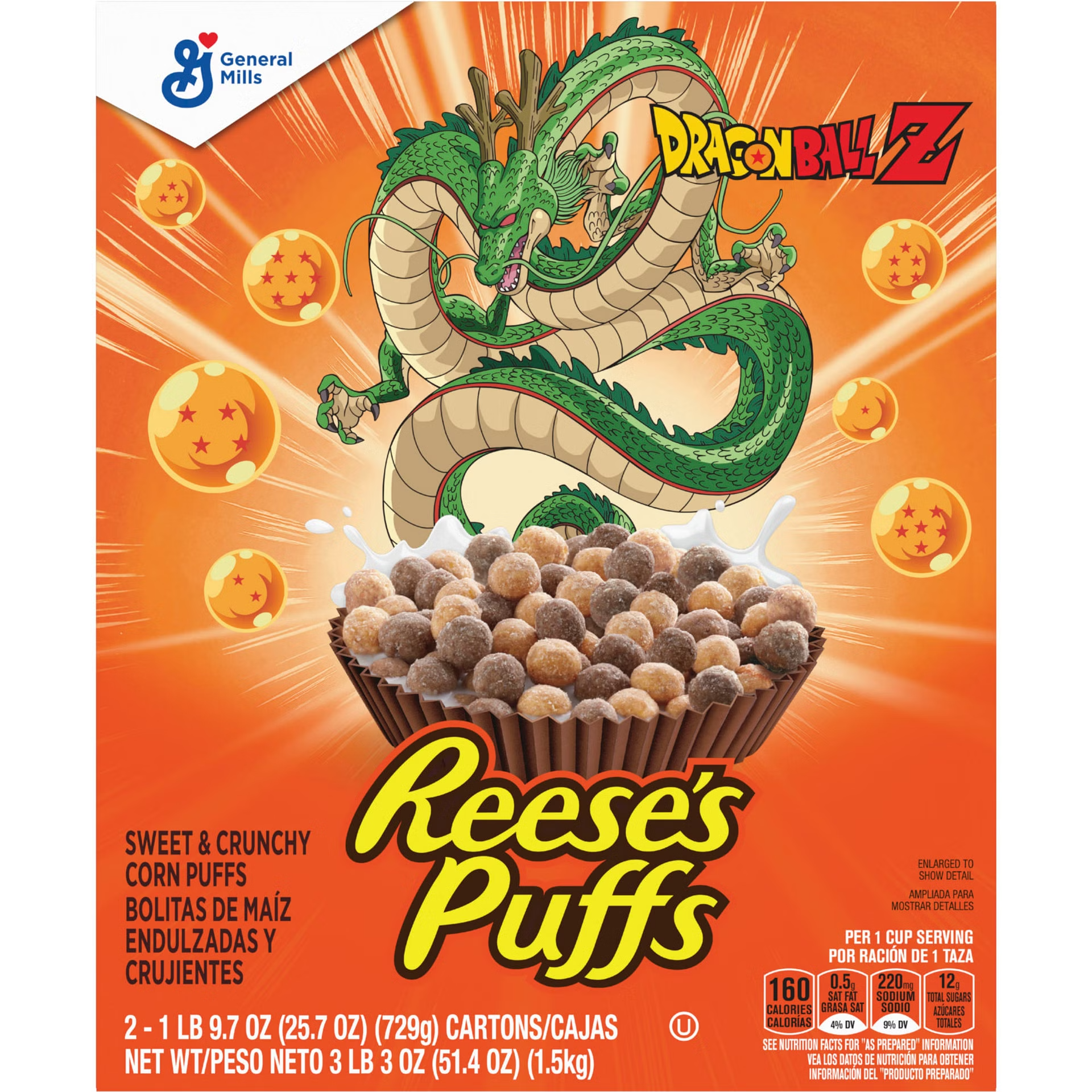 Front of Dragon Ball Z Reese's Puffs Peanut Butter Chocolate Cereal box showing bold logo, colourful dragon, and bowl of cereal (1.5kg pack)