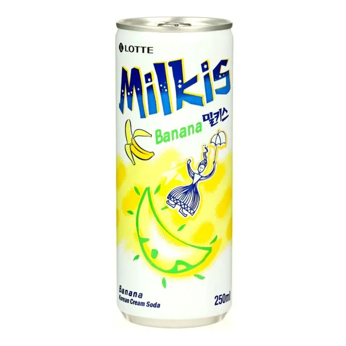 Front of Milkis Banana can showing logo, bright banana graphics, and details in blue and yellow (250ml pack)