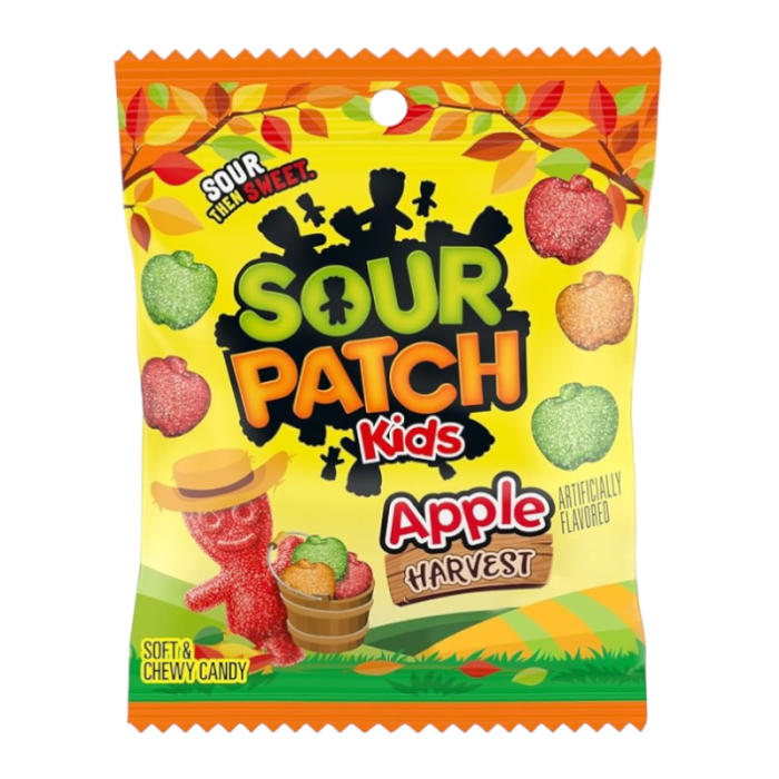 Front of a bag of Sour Patch Kids Apple Harvest showing bright yellow background, the logo, and colourful apple-shaped candies (102g pack)