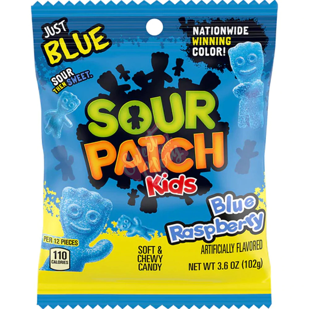 Front of Sour Patch Kids Blue Raspberry bag showing blue packaging, logo, and playful candy shapes (102g pack)