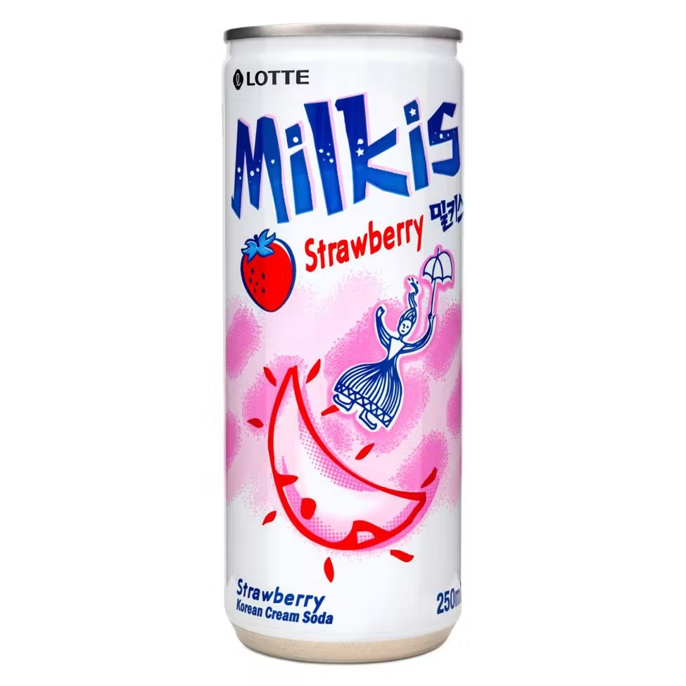 Front of Milkis Strawberry can showing logo, strawberry flavour details, and vibrant design (250ml pack)