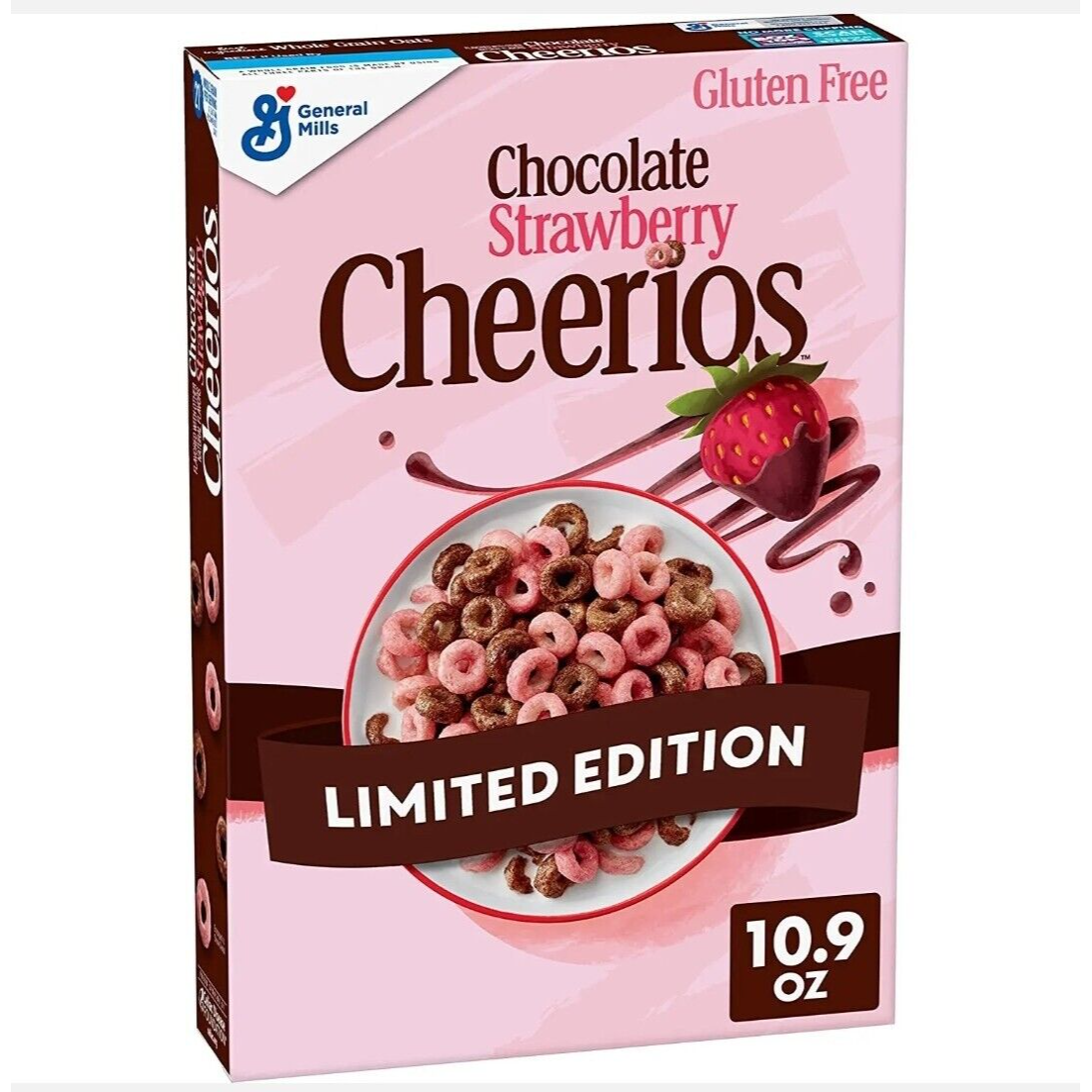 Front of Cheerios Chocolate Strawberry box featuring the logo, chocolate and strawberry illustrations, and cereal in a bowl (309g pack)