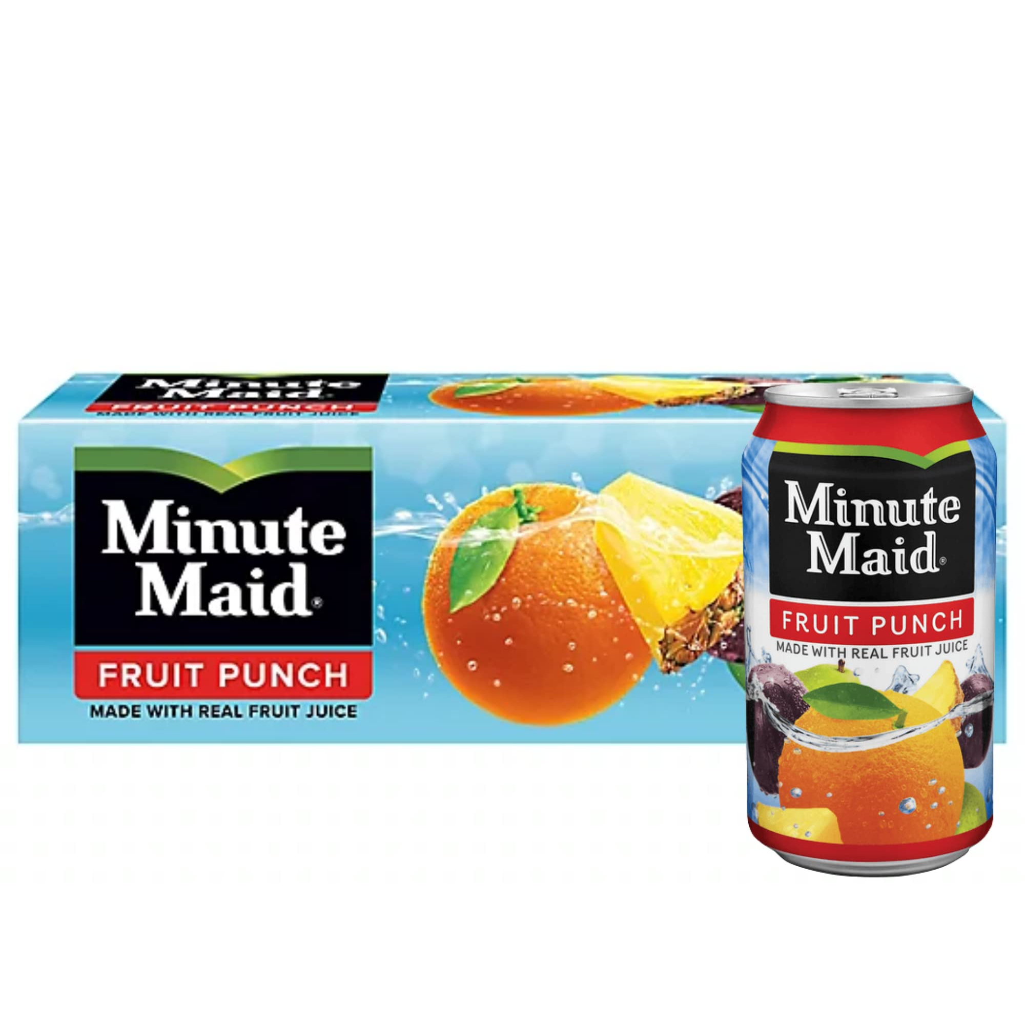 Front of Minute Maid Fruit Punch case showing logo, vibrant fruit imagery, and label details (12 pack of 355ml cans)