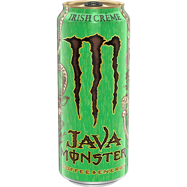 Front of Monster Java Irish Creme can featuring the logo, Irish creme flavour, and 443ml size.
