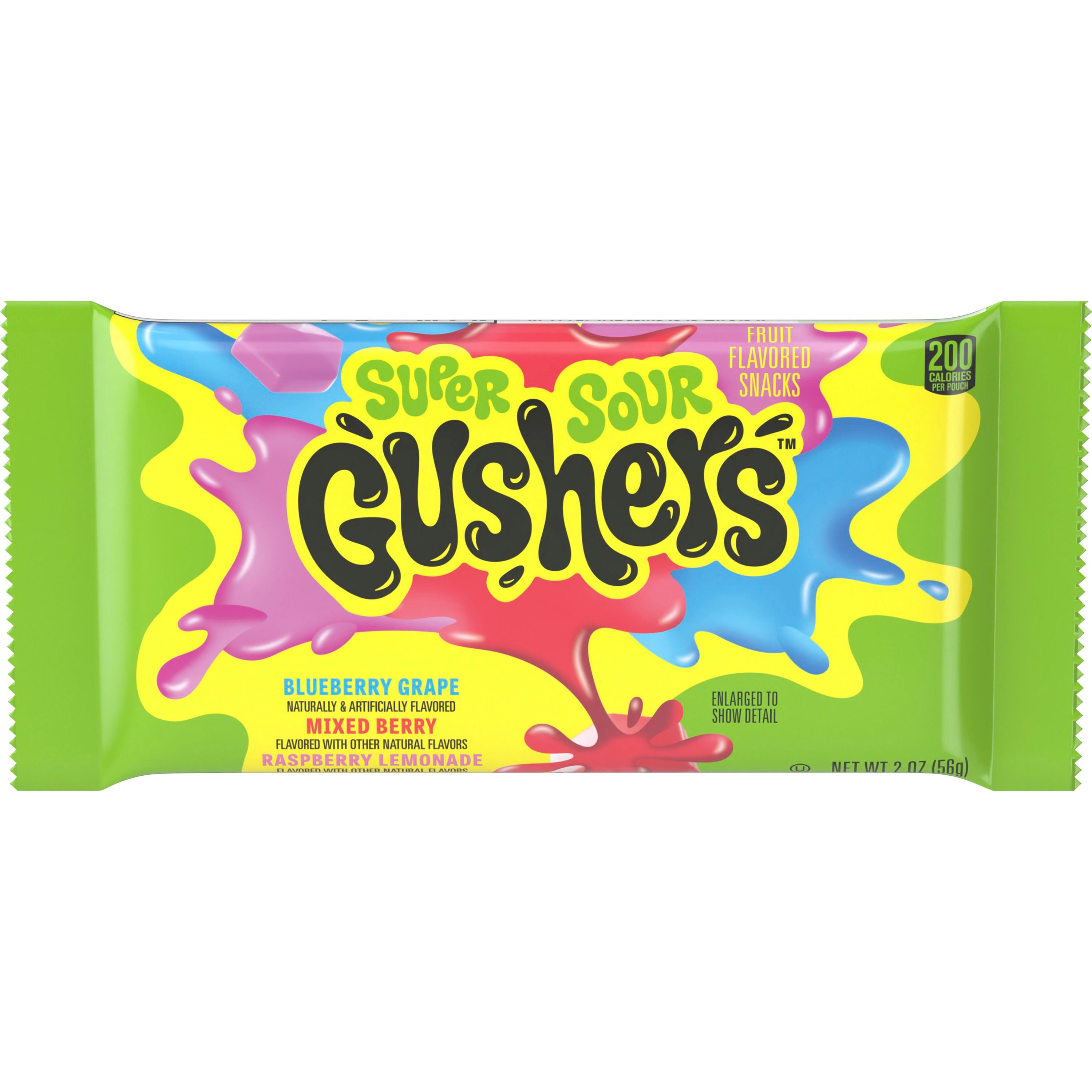 Front of Fruit Gushers Super Sour Berry pouch showing bright packaging with bold logo, sour berry flavour text, and 56g pack size