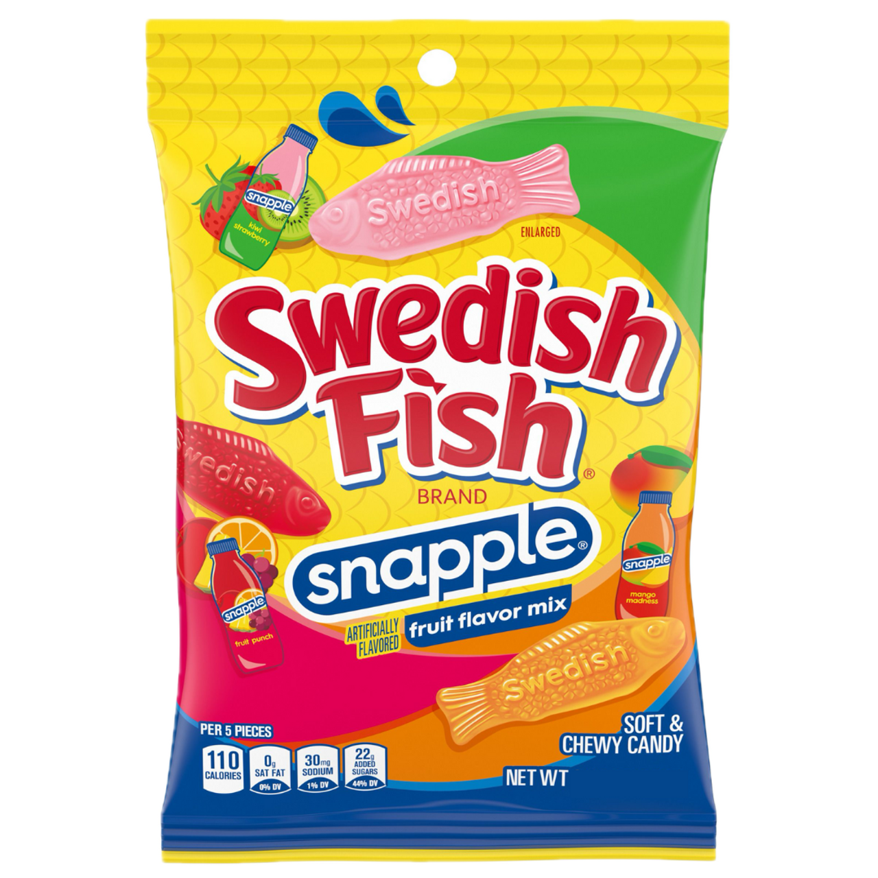 Front of Swedish Fish Snapple bag showing vibrant yellow packaging with red and orange candy, featuring the brand logo and fruit flavour mix (102g pack)