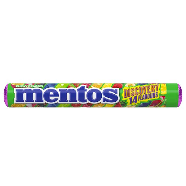 Front of Mentos Discovery 14 Flavours tube featuring colourful chewy sweets and bold text with pack size (37.5g)