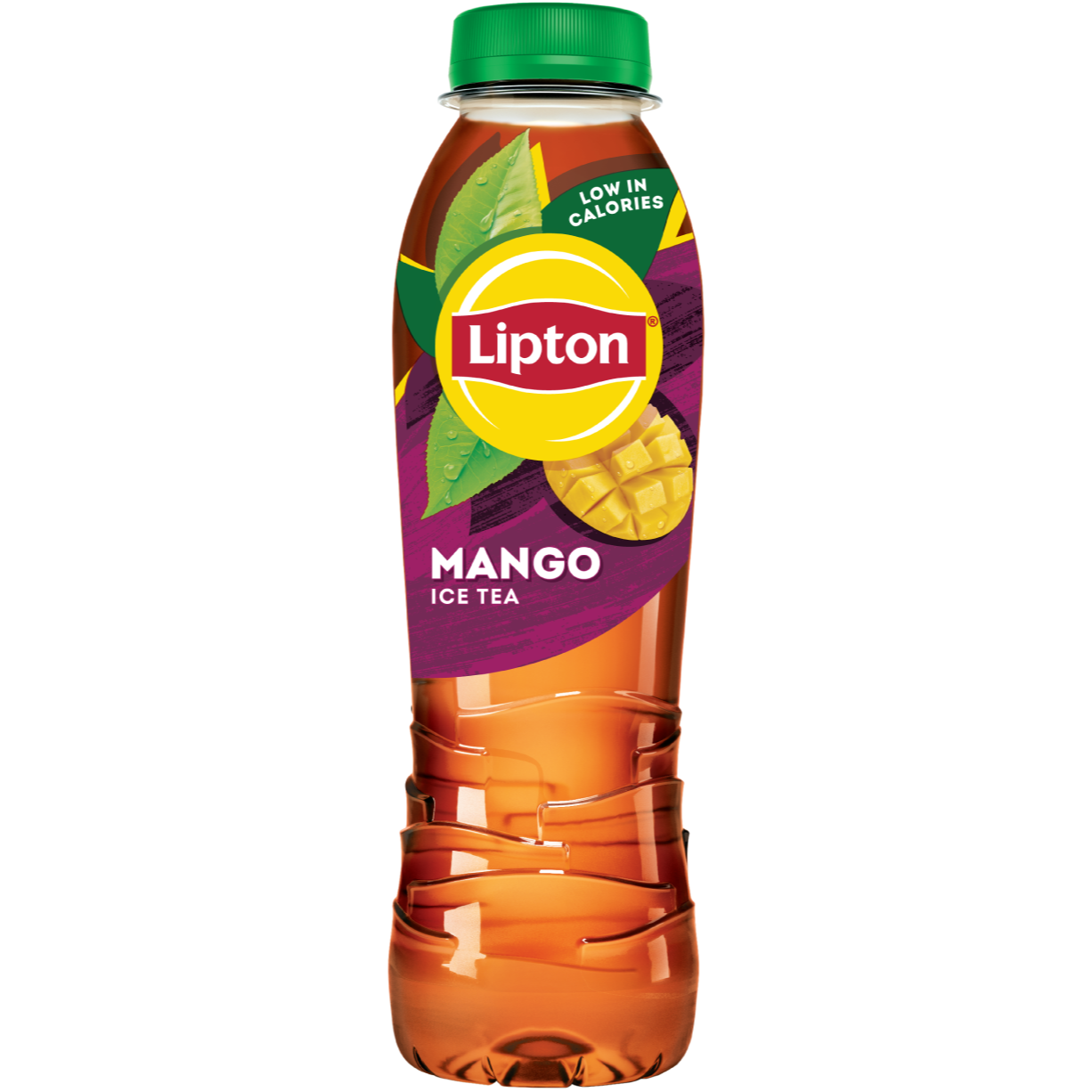 Front of Lipton Mango Ice Tea bottle displaying vibrant logo, mango flavour label, and 500ml pack size.