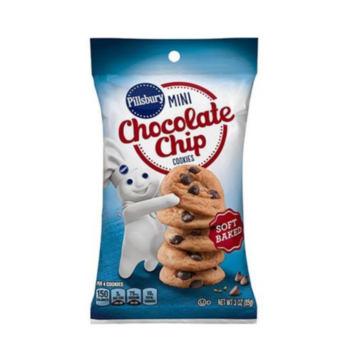 Front of Pillsbury Soft Baked Mini Chocolate Chip Cookies pack featuring the logo, mini chocolate chip cookie image, and 42g size.