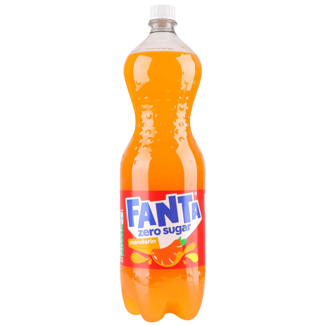Front of Fanta Mandarin Zero Sugar bottle showing bright orange drink, bold logo, mandarin flavour label, and 500ml size indication.