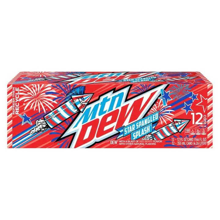 Front of Mountain Dew Star Spangled Splash case showing red and blue packaging with festive fireworks, 12 pack of 355ml cans.