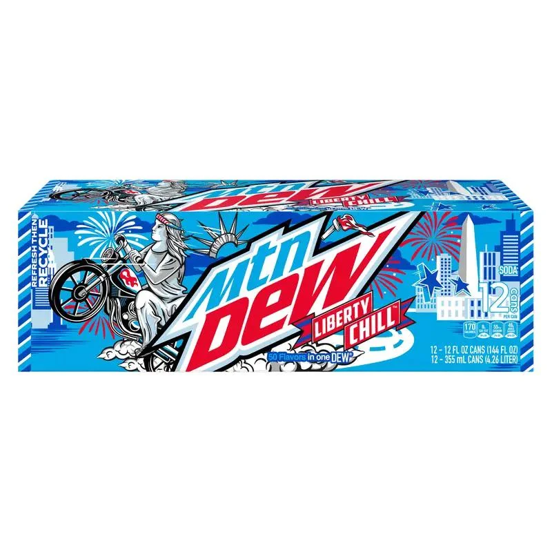 Front of Mountain Dew Liberty Chill Case showing bold logo, colourful artwork, and label details (Case of 12 x 355ml)
