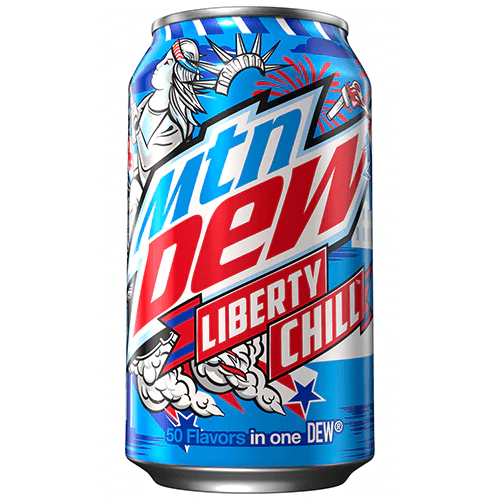 Front of Mountain Dew Liberty Chill can showing vibrant blue design, Liberty Chill name, and 355ml size information.