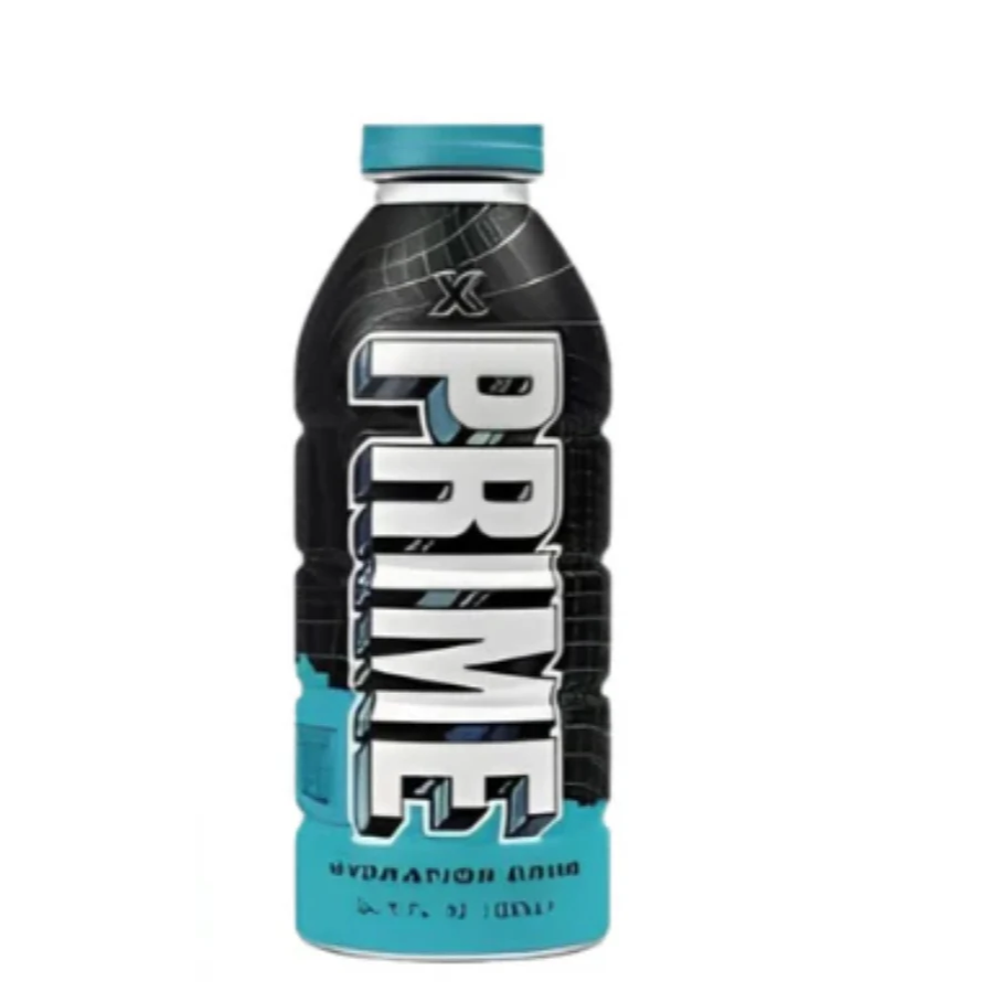 Front of Prime Hydration X Blue Bottle showcasing bold logo and vibrant design on a 500ml bottle.