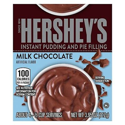 Front of Hershey's Instant Pudding Milk Chocolate box showcasing the logo, milk chocolate flavour, and a creamy pudding image (96g pack)