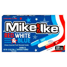 Front of Mike & Ike Red White & Blue box featuring the brand logo, assorted fruit-flavoured candy, and patriotic colours (120.4g pack)